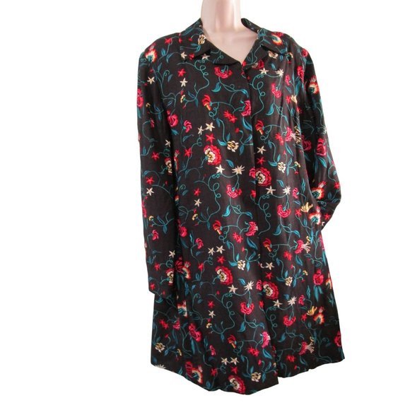 David Brook Floral Embroidered Black Shantung Silk Duster Coat Ladies XL EUC - Picture 12 of 16